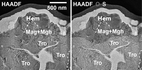 左图是使用透射电子显微镜拍摄的赤铁矿晶粒的高角度环形暗场像,右图是使用两种特征元素区分的铁氧化物(氧元素,品红色)颗粒和陨硫铁(硫元素,青色)颗粒的接触关系 新华社发